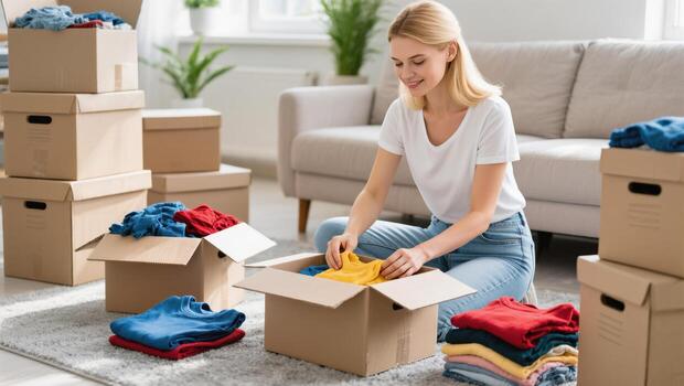 Sorting Clothes and Organizing Boxes in a Bright Living Room on a Sunny Afternoon photo
