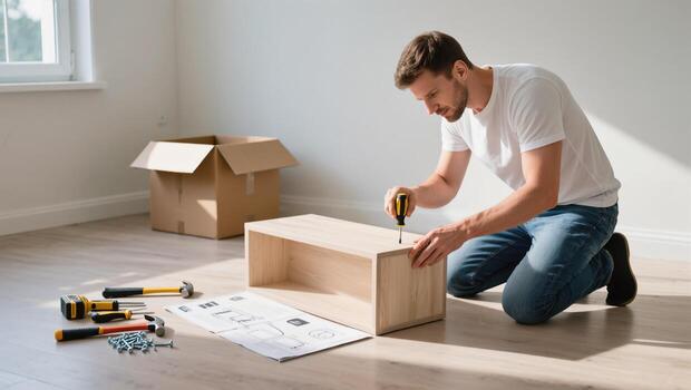 Man Assembling Furniture With Tools in a Bright Room During Daylight photo