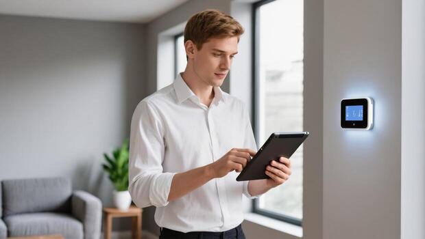Young Man Interacting With Tablet in Modern Living Room Setting During Daylight Hours photo