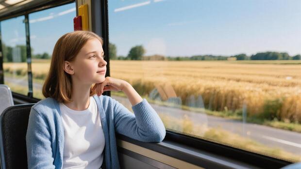 Young Girl Enjoying the Scenic Countryside View While Traveling on a Bus During the Day photo