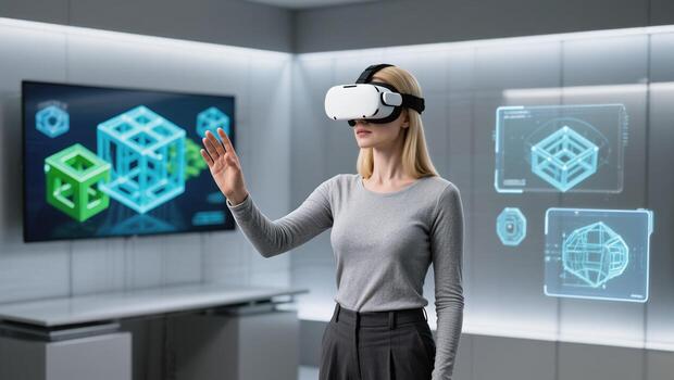 Virtual Reality Experience Showcasing a Woman Interacting With 3D Models in a Modern Tech Environment photo