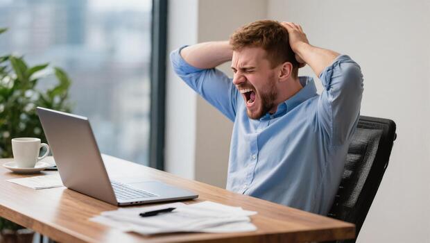 Frustrated Man With Hands on Head While Working at Desk in a Modern Office Setting photo