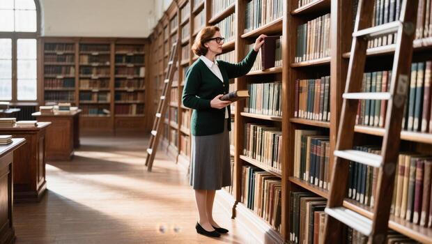 Library Assistant Organizes Books on Wooden Shelves in a Historic Library Setting During Daylight Hours photo