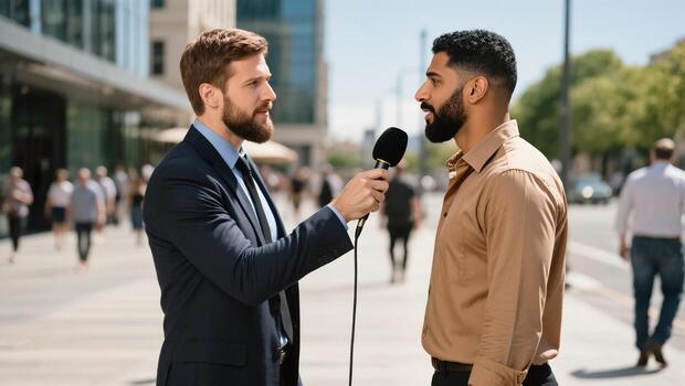 Interview With a Local Resident on a Busy Street During a Sunny Afternoon in a Metropolitan Area photo