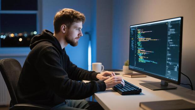 Young Man Programming at a Computer Desk With City Skyline in the Background at Night photo