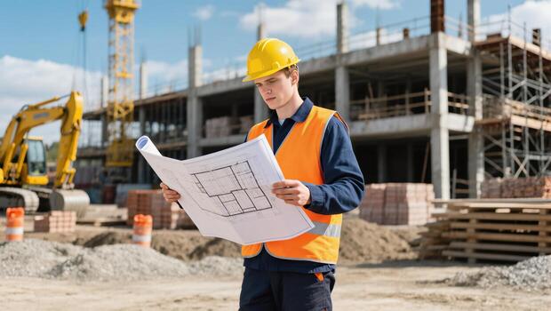 Construction Worker Reviewing Blueprints at a Building Site During Daylight Hours With Heavy Machinery Nearby photo