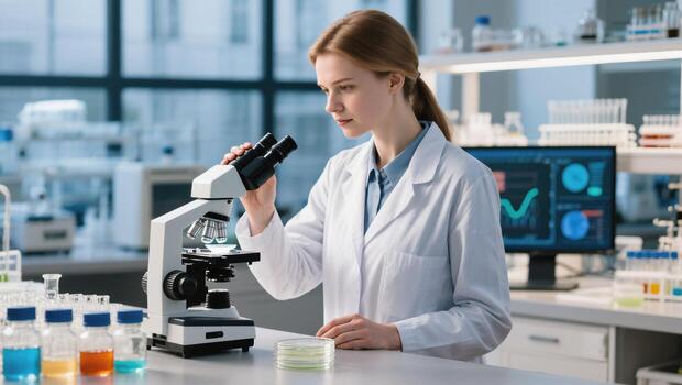 Scientist Analyzing Samples With Microscope in a Modern Laboratory Setting During the Day photo