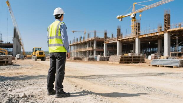 Construction Worker Overseeing Building Site Progress Under Clear Blue Sky in Daylight Hours photo