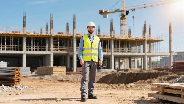 Construction Worker on Site Overseeing Building Progress at a Developing Location During Daylight Hours photo