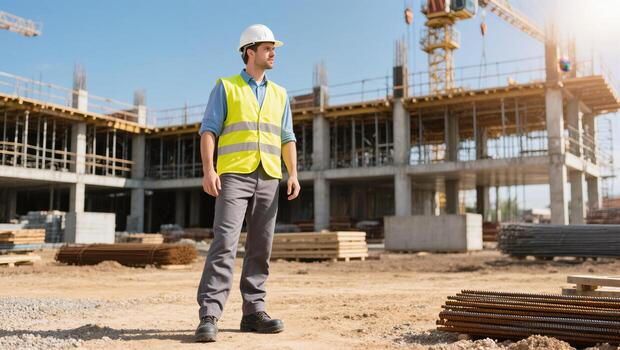 Construction Site Supervisor Monitoring Progress During Daytime at Urban Building Project photo