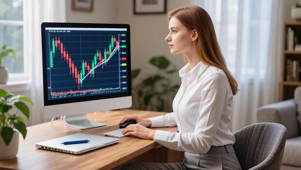 Woman Analyzing Stock Market Trends on a Computer in a Bright Office Setting During Daytime photo