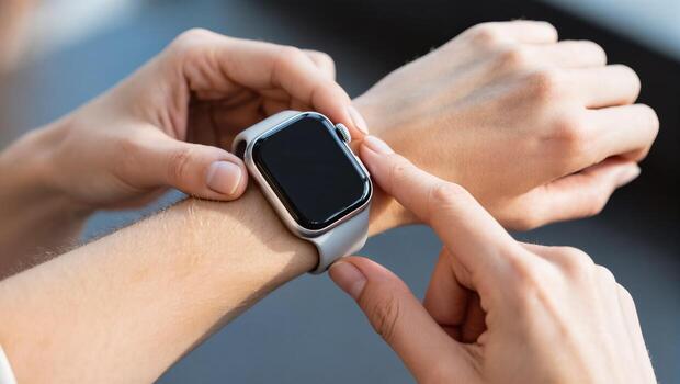 Checking the Time and Notifications on a Smartwatch in a Modern Urban Setting photo