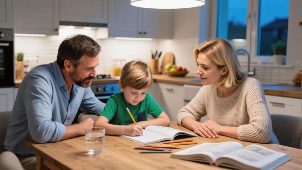 Family Engaged in Study Session at Home in the Evening With Child Focused on Homework photo