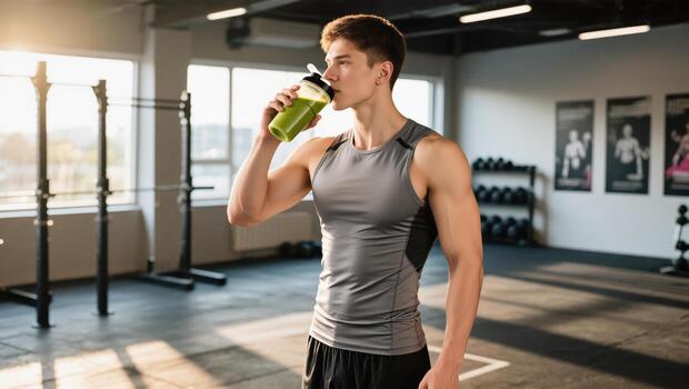Young Man Enjoying a Protein Shake During Workout Routine in Modern Gym at Sunset photo