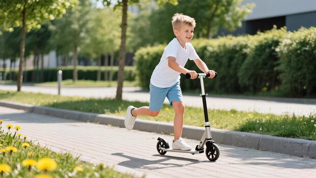 Boy Riding Scooter Joyfully on a Sunny Day in a Green Park Setting photo