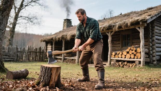 Man Chopping Wood Near a Rustic Cabin in the Woods During a Sunny Day in Autumn photo