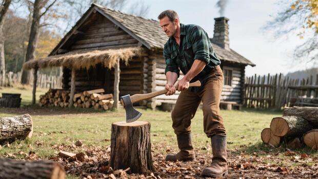 Man Chopping Wood With an Axe at a Rustic Cabin During Autumn Afternoon in the Countryside photo
