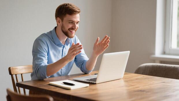 Man Engages in Friendly Call at Home Office With Laptop and Notebook on Wooden Table photo