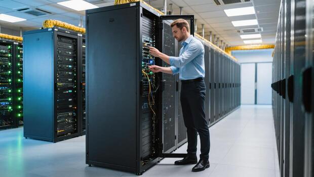 Technician Performing Maintenance on Network Servers in a Modern Data Center photo