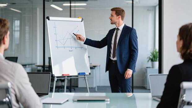Business Professional Presents Data Analysis During Corporate Meeting in Modern Office Setting photo