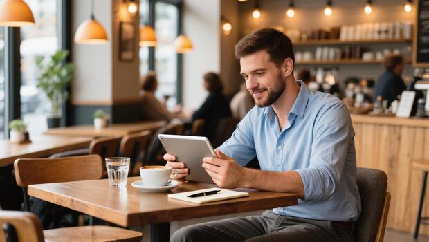Man Enjoying Coffee and Using Tablet in a Cozy Cafe During the Afternoon photo