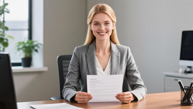 Professional Woman in Business Attire Smiles While Holding a Document in a Modern Office Setting photo