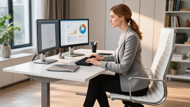 Office Worker Using Dual Monitors for Productivity in a Modern Workspace photo