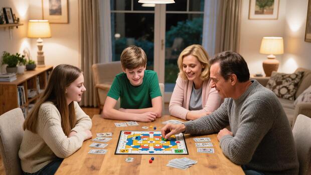 Family Game Night at Home With Laughter and Strategy During Evening Hours photo