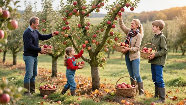 Family Enjoys Apple Picking on a Sunny Fall Afternoon in an Orchard Surrounded by Colorful Trees photo