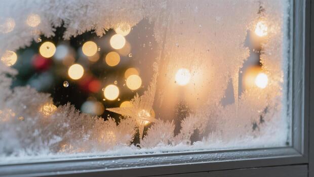 Winter Wonderland View Through Frost-Covered Window With Glowing Lights and Christmas Tree photo