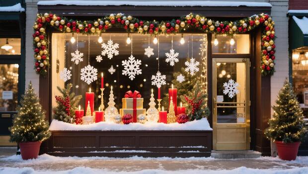 Holiday Display Featuring Vibrant Decorations and Snowflakes in a Winter Wonderland Storefront photo