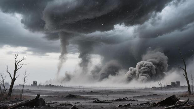 intenso tormenta con arremolinándose tornados encima un solitario paisaje debajo oscuro, amenazante nubes foto