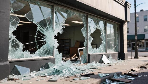 Shattered Windows in a Vacant Storefront on a Busy City Street During Daylight Hours photo