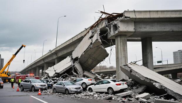 Concrete Overpass Collapse Captures Emergency Response in Urban Area During Overcast Weather photo