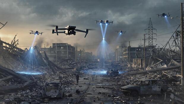 Drones Survey a Desolate Urban Landscape After a Catastrophic Event at Sunset With Ominous Clouds photo