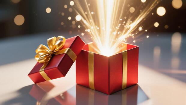 Gift Box Revealing an Explosion of Light and Sparkles Amidst a Festive Atmosphere photo