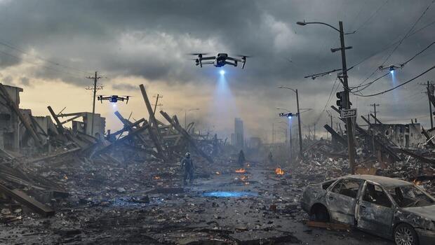 Drones Survey a Post-Apocalyptic Cityscape With Debris and Smoke, Capturing the Devastation of a Recent Disaster photo