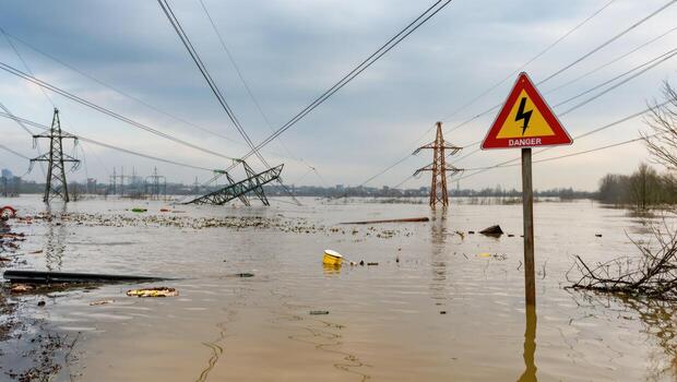 Severe Flooding Impacts Power Lines and Infrastructure in a Rural Area During Overcast Weather photo