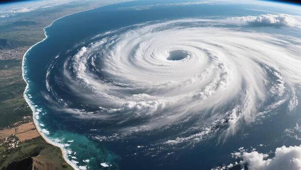 Hurricane Viewed From Above Over Ocean and Coast During Clear Weather photo