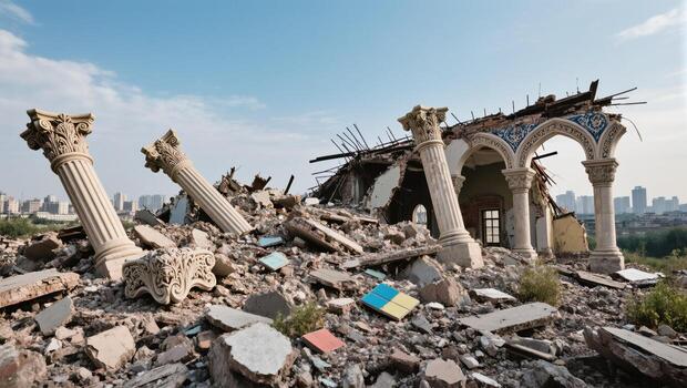 Ruined Architectural Structure With Broken Columns and Debris in Urban Landscape Under Clear Sky photo
