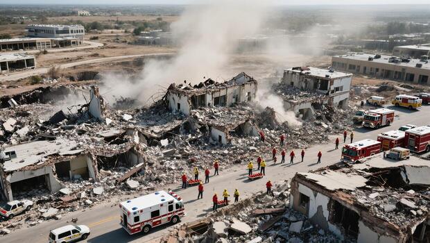 Emergency Responders Assist in Rescue Operations Amid Collapsed Buildings After a Disaster Event photo