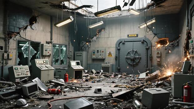 Explosion Aftermath in a Damaged Vault With Scattered Debris and Broken Equipment photo