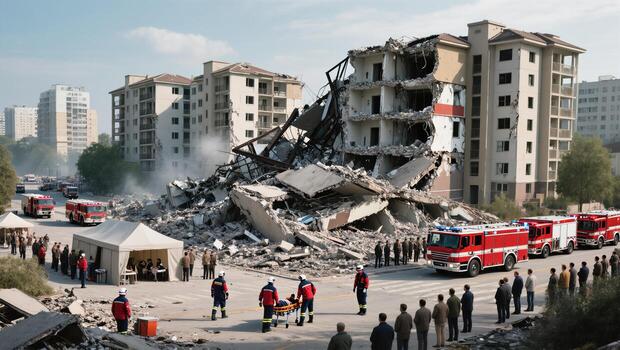 Emergency Response Teams Aid Victims at Building Collapse Site in Urban Area During Daylight Hours photo