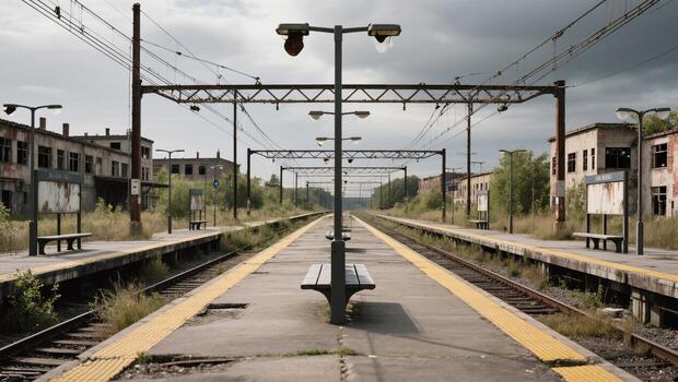 Abandoned Train Station With Overgrown Platforms and Cloudy Skies in an Urban Setting photo