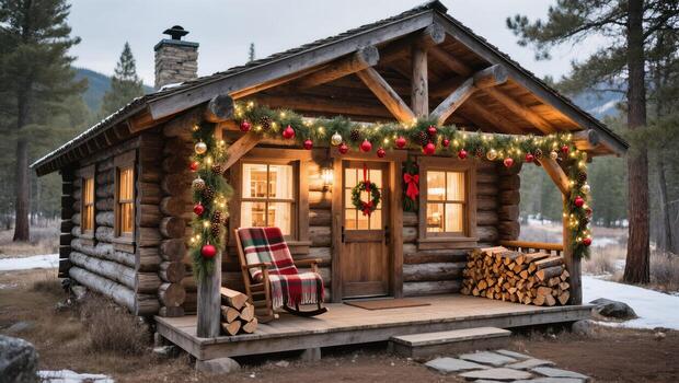 Cozy Log Cabin Decorated for Winter Festivities in a Serene Forest Setting During Twilight photo