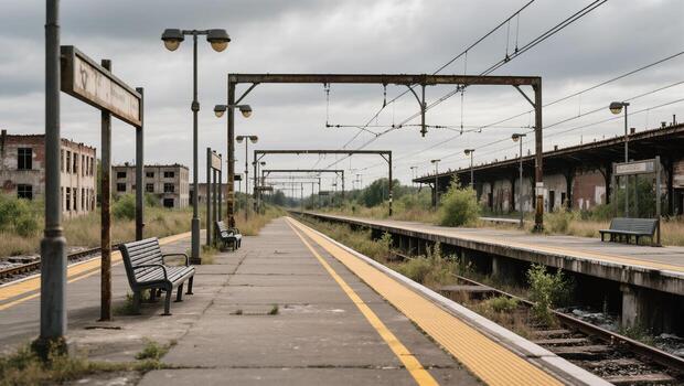 Abandoned Railway Station Features Overgrown Platforms and Benches Under a Cloudy Sky photo