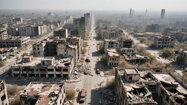 Desolate Urban Landscape Shows Destruction and Abandoned Structures in a Post-Apocalyptic Environment photo