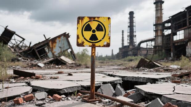 Abandoned Industrial Site With Radioactive Caution Sign and Crumbling Buildings in the Background photo