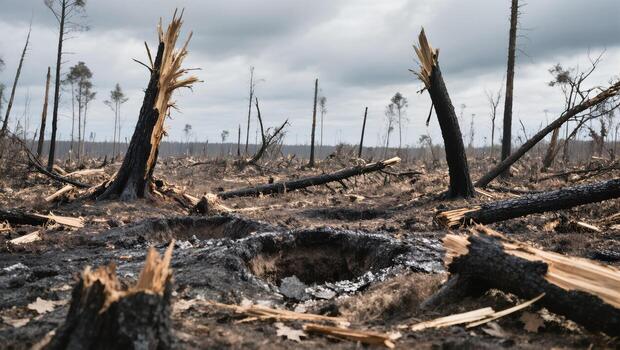 Forest Area Devastated by Logging Activity With Broken Tree Stumps and Charred Earth Showcasing Environmental Impact photo