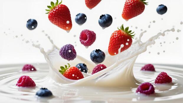 Fresh Berries Splash Into Creamy Liquid Creating Vibrant and Dynamic Action in a Bright Setting photo